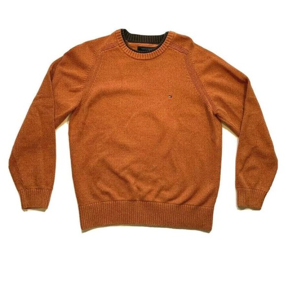 Tommy Hilfiger Sweater Chunky Knit Crew Neck Raglan Flag Cotton Heather Orange L - Picture 1 of 12